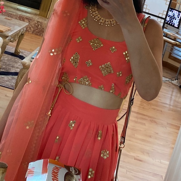 Peach Orange Gold Sequin Lehenga - Sabyasachi-inspired - INDIAN WEDDING GUEST - Picture 3 of 5